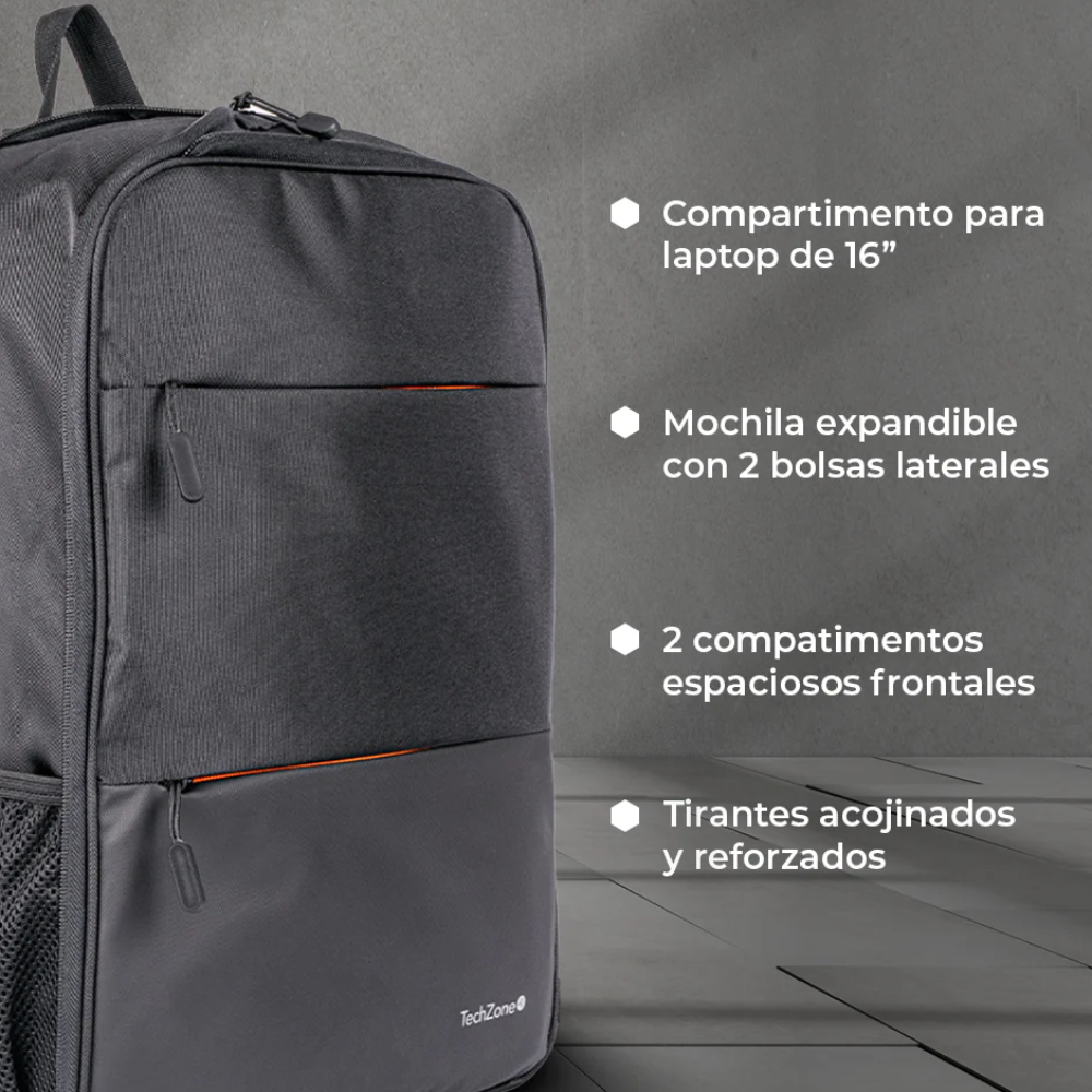 Mochila Backpack Tech Zone Negra Expandible TZLBP14 para Laptop de 16"