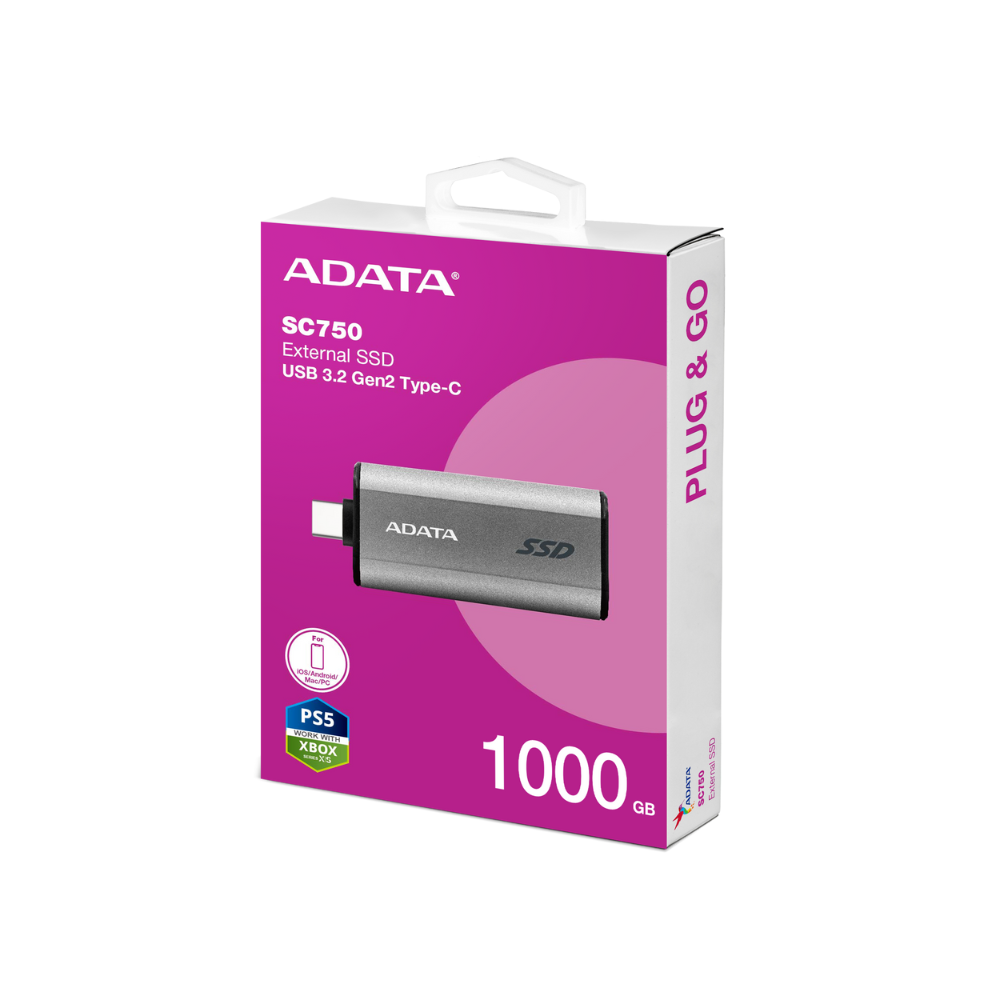 Unidad de Estado Solido Externo ADATA SC750 de 1TB, USB C 3.2, Gris.