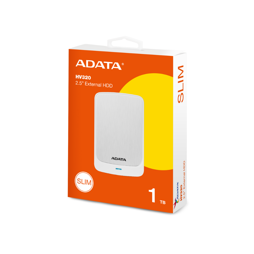 Disco duro externo Adata 1TB, 2.5", USB 3.2, HV320 Slim, color blanco.