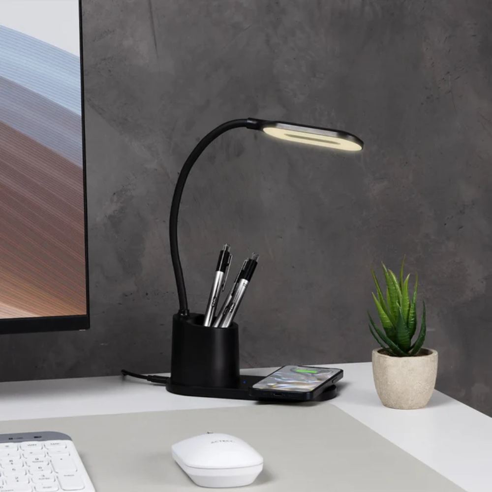 Cargador Inalambrico Acteck Energon Lumimate CI711, Lampara LED con Carga Inalambrica y Portalapices para Smartphones/iPhone, Negro