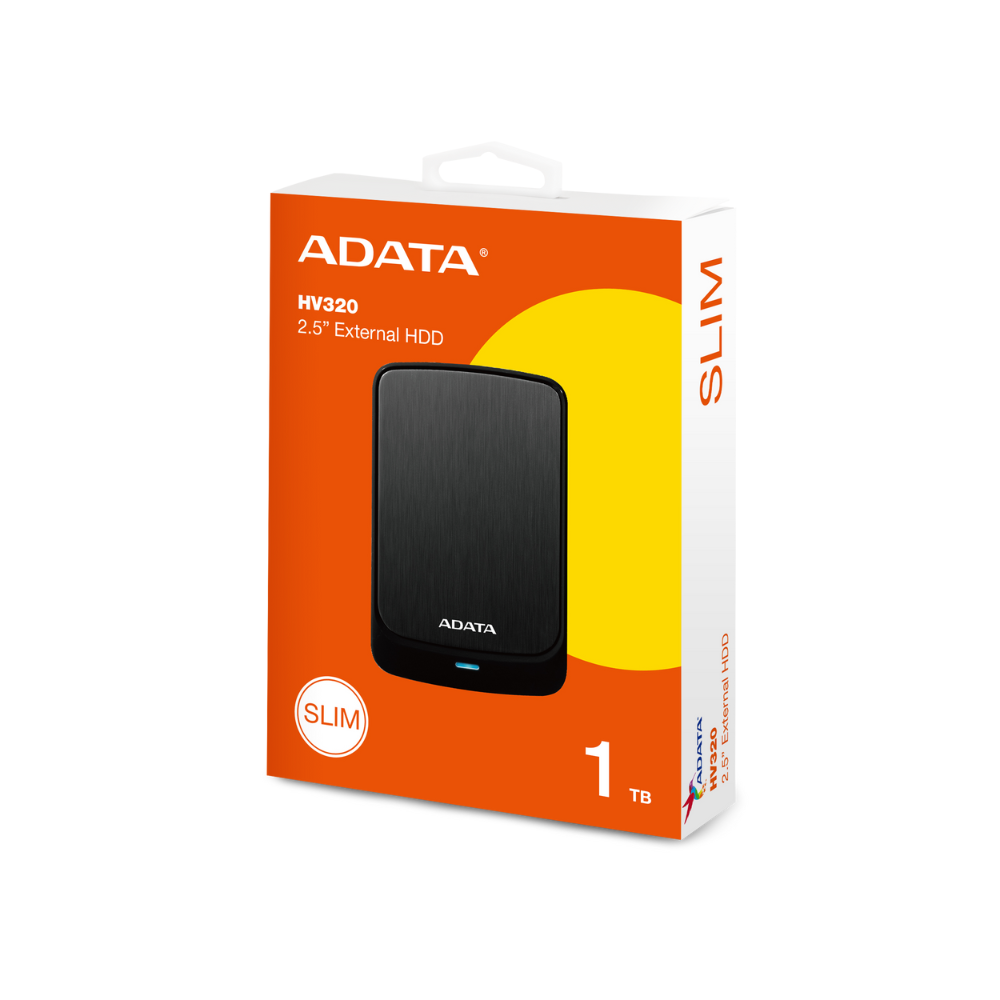 Disco duro externo Adata 1TB, 2.5", USB 3.2, HV320 Slim, color negro.