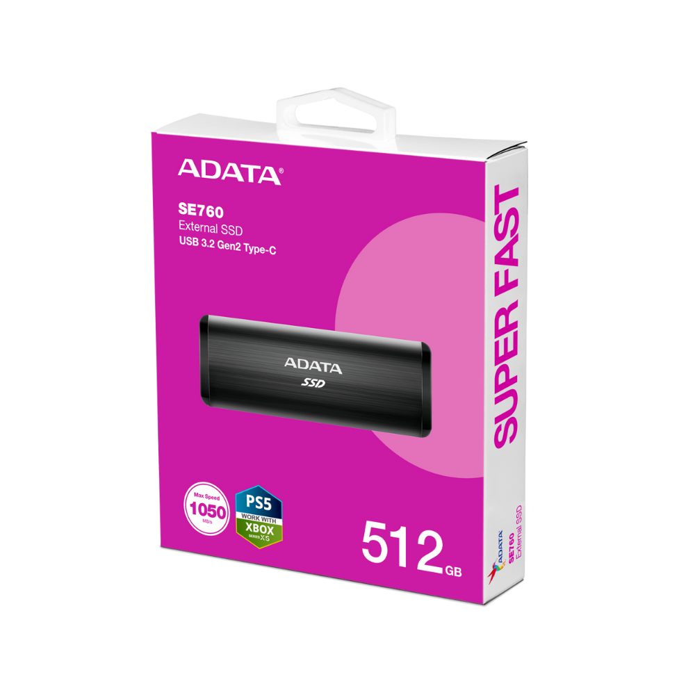 Unidad de Estado Sólido Externo ADATA SE760 de 512GB, USB C 3.1, Negro.