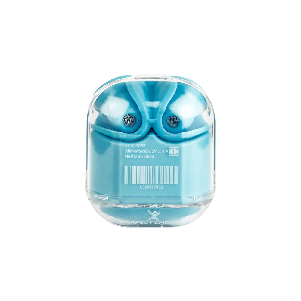 Audífonos Perfect Choice TWS Clearbeat Inalámbricos Estuche Transparente Bluetooth Azul