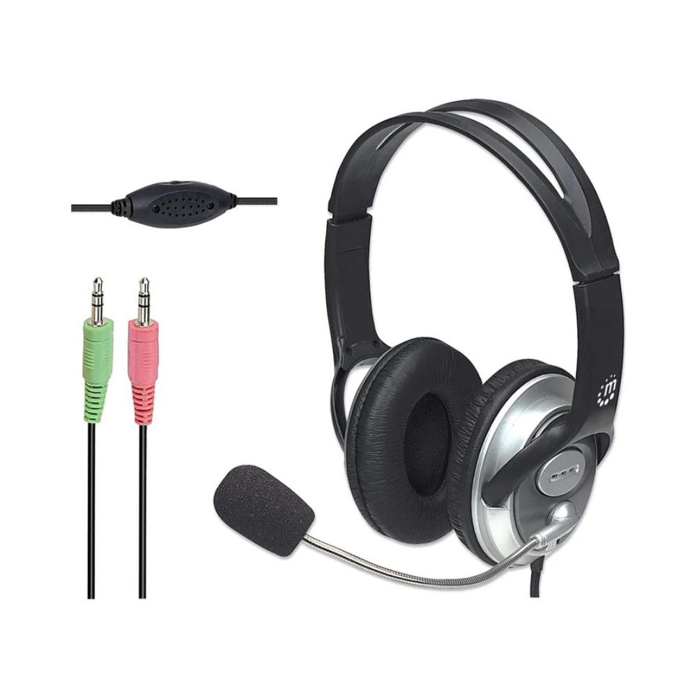 Audífonos Manhattan Estéreo Clásicos Micrófono Extensión Metálica Flexible Negro/Plata