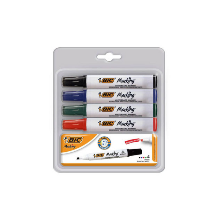Marcador Bic Para Pizarrón Blanco Punta Cincel Colores Surtidos C/4 + Borrador