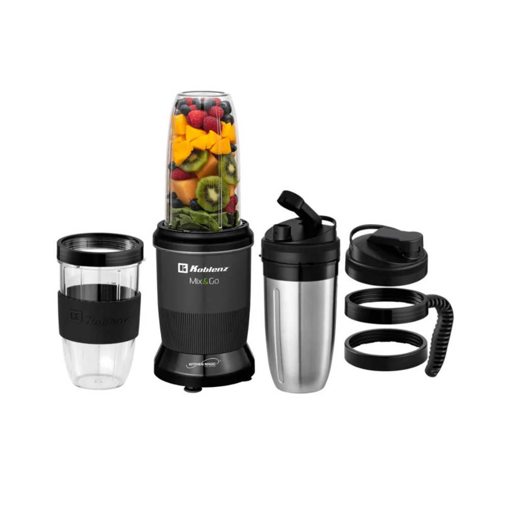 Licuadora Personal Mix and Go Koblenz BKM 1000, 2 vasos Tritan de 900ml, kit con 12 accesorios, motor de 1000W, apagado automatico