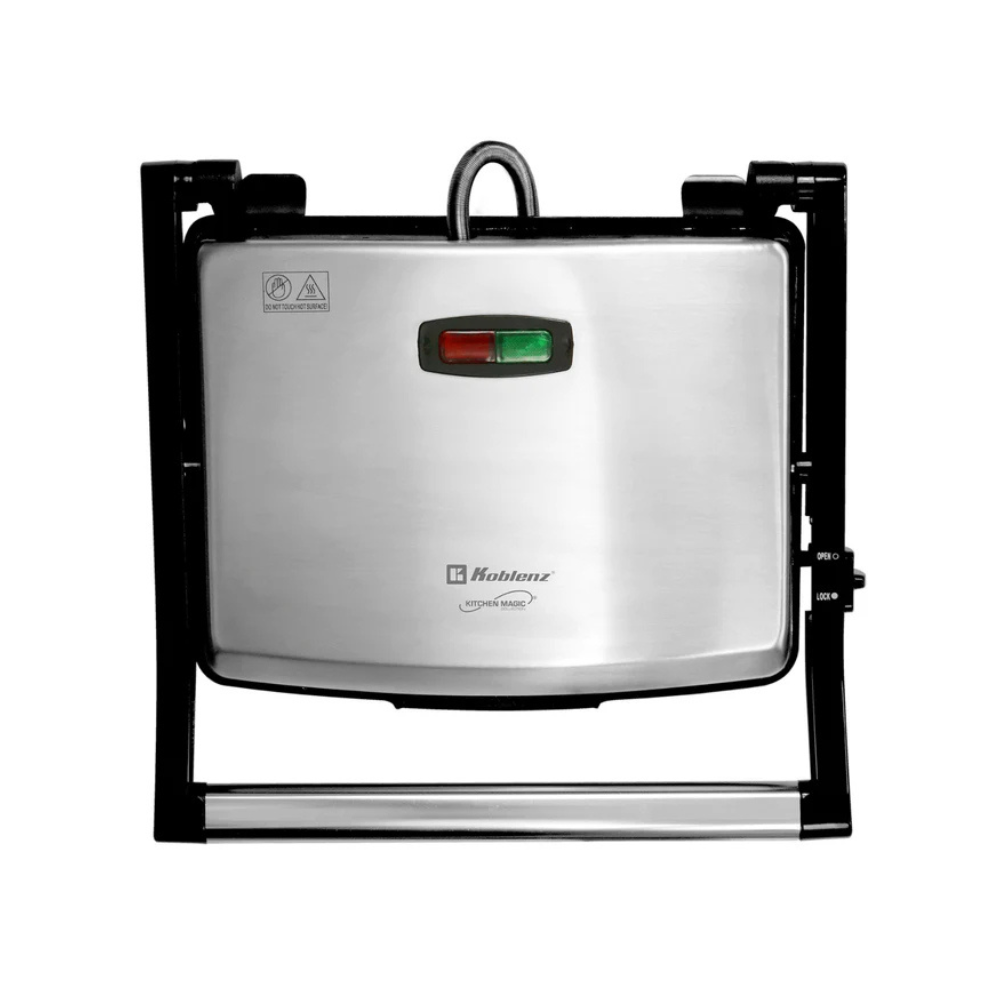 Panini Grill Koblenz PGKM-1500 I, 4 rebanadas, termostato automático, asas de tacto frío, bandeja colectora y espátula, 1500W