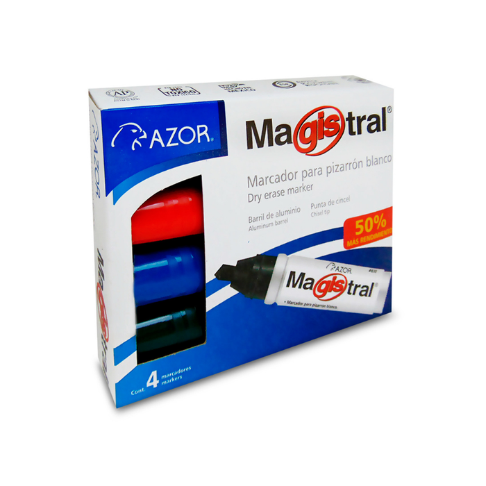 Marcador Magistral Aluminio Pizarrón Blanco Colores Surtidos C/4 Pzas