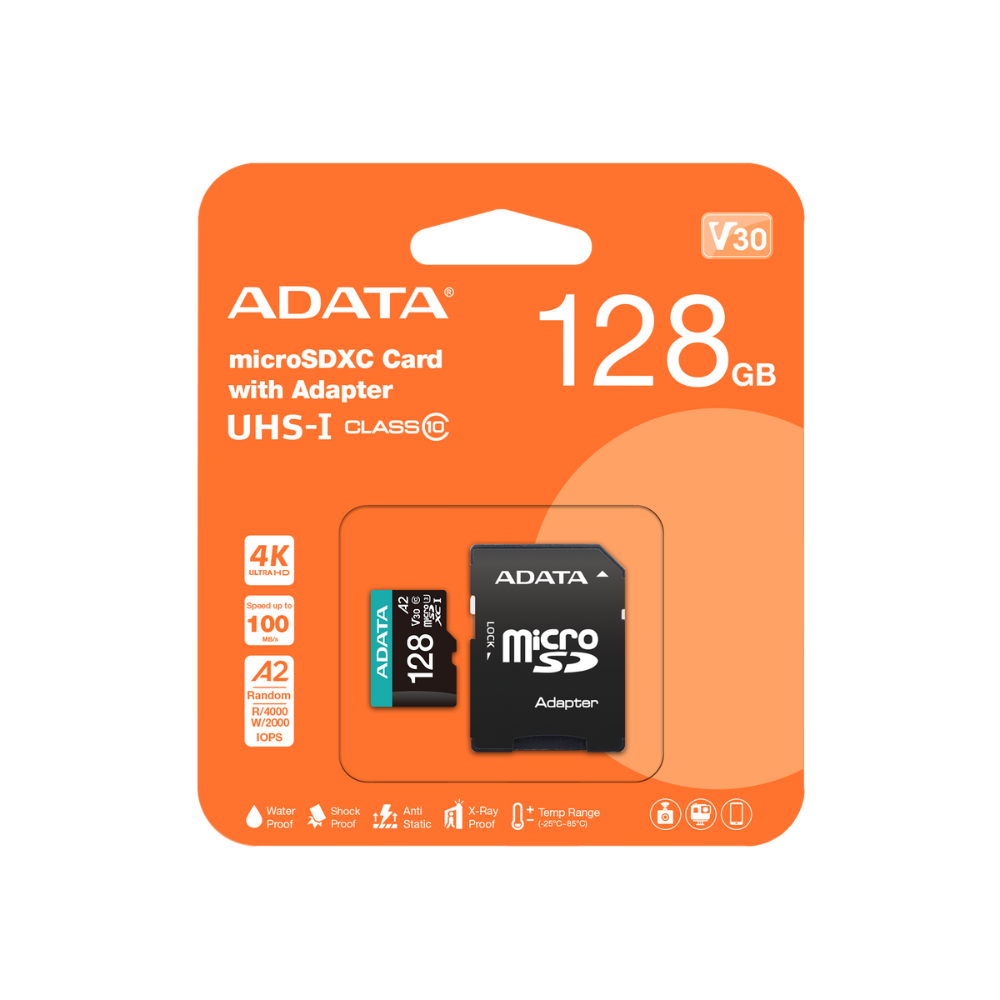 Memoria ADATA 128GB MicroSD Premier Pro con adaptador SD clase 10 A2 U3 V30 100MB/s