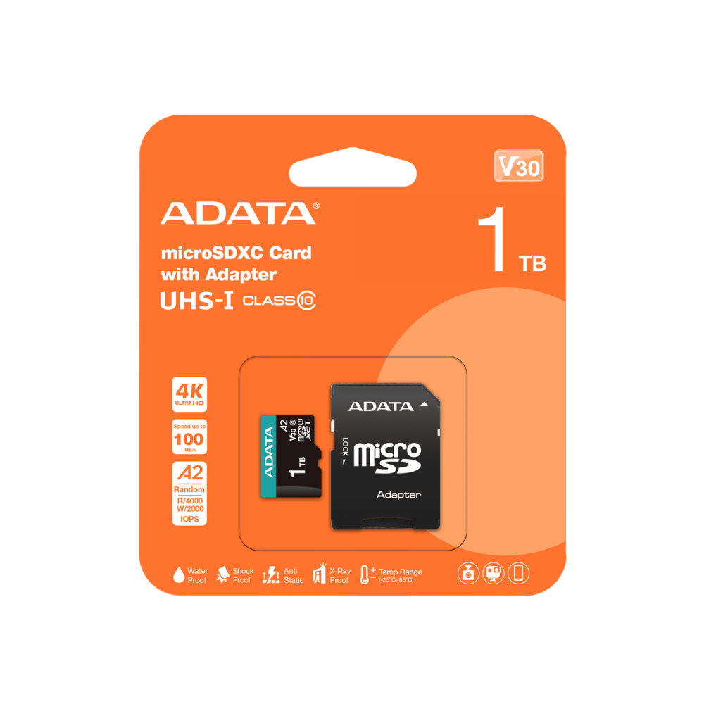 Memoria ADATA 1TB MicroSD con adaptador SD UHS-I clase10 A2 U3 V30 100MB/s