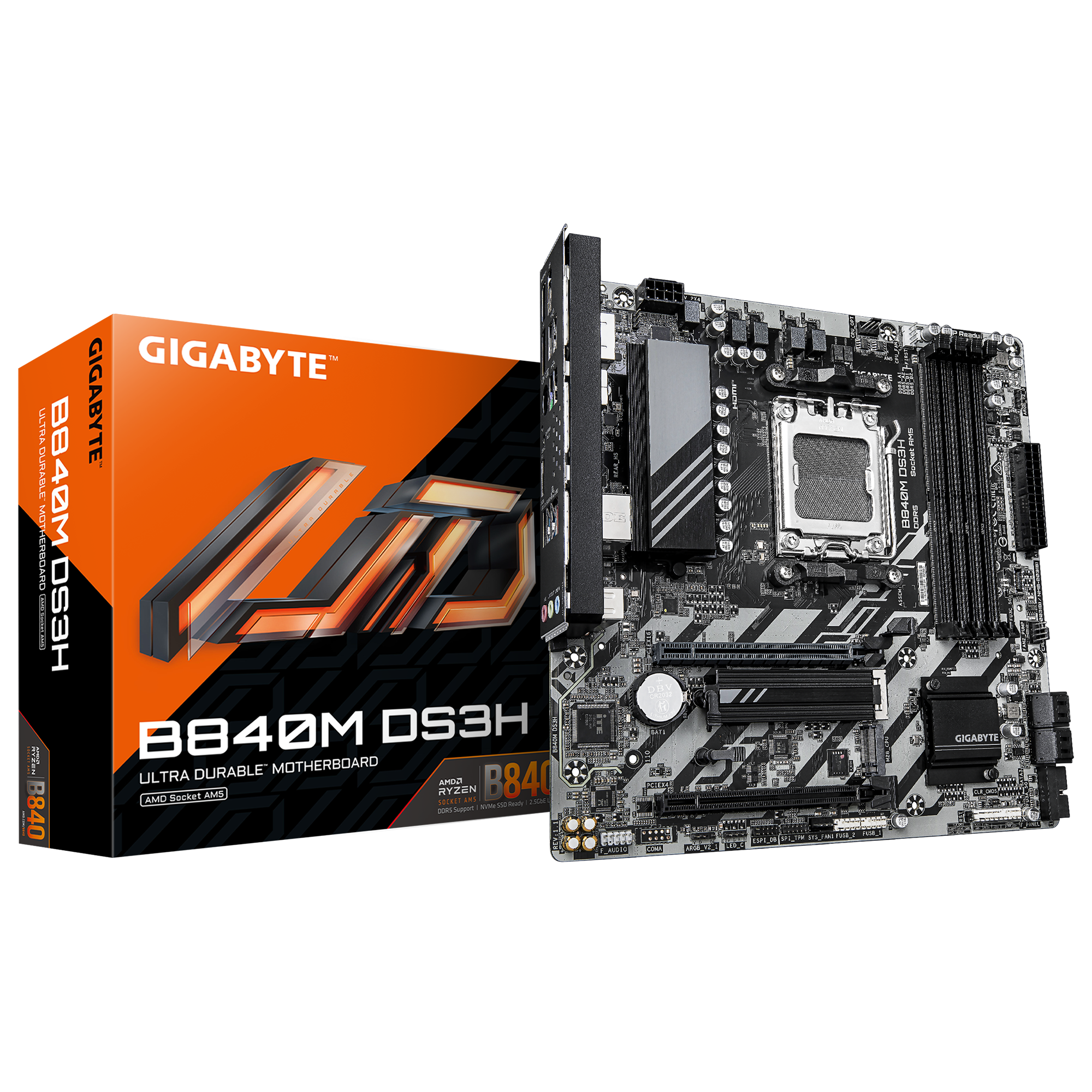 Tarjeta Madre Gigabyte B840M DS3H AMD Socket AM5 4xDDR5 DIMM 1xHDMI 2xDP 1xUSB C 1xRJ45 3xAudio Jacks
