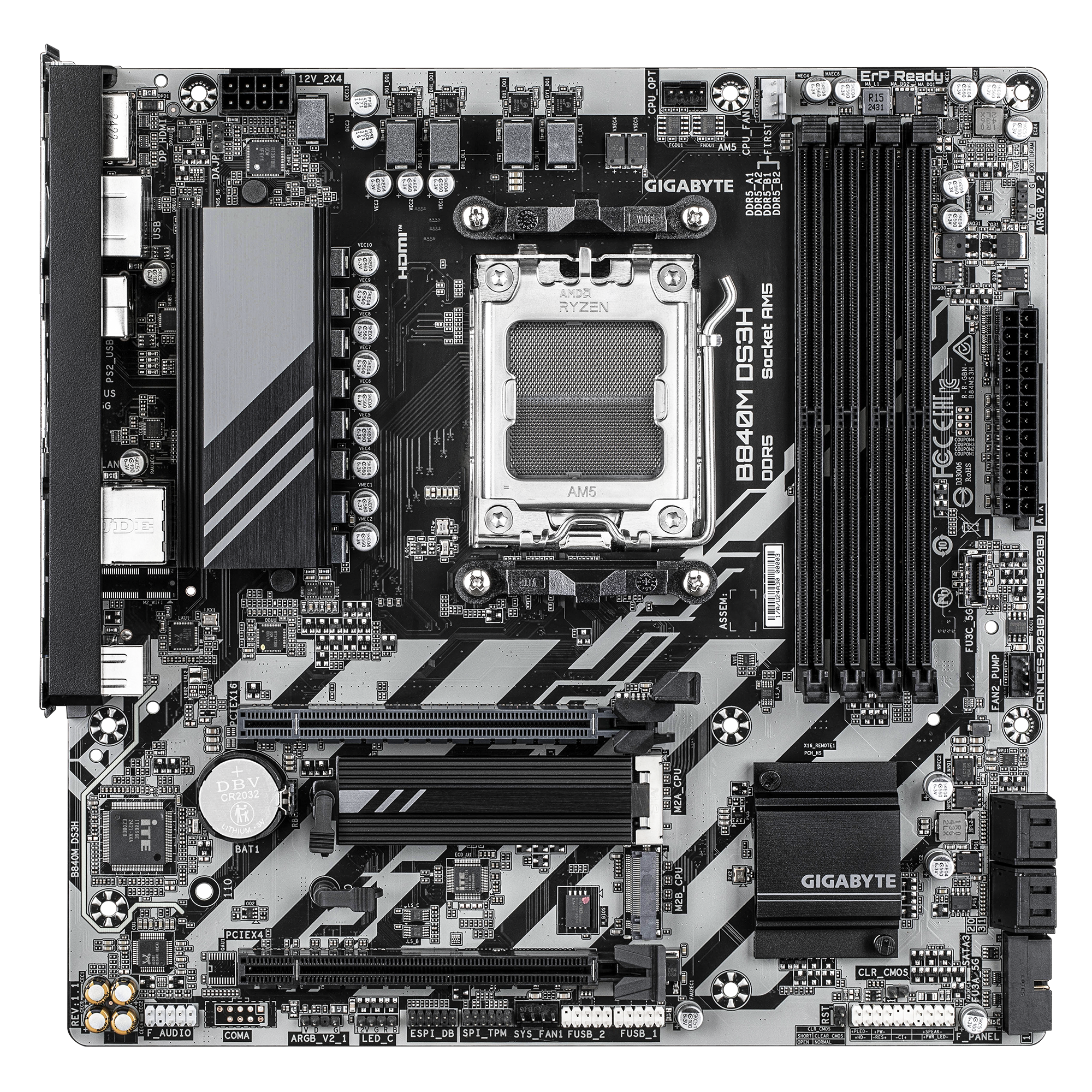 Tarjeta Madre Gigabyte B840M DS3H AMD Socket AM5 4xDDR5 DIMM 1xHDMI 2xDP 1xUSB C 1xRJ45 3xAudio Jacks