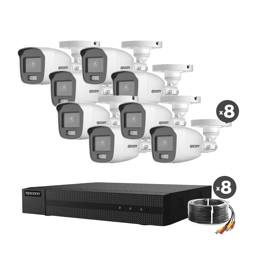 Kit TurboHD 1080p, DVR 8 Canales, 8 Cámaras Bala ColorVu con Micrófono Integrado, Fuente de Poder y Accesorios de Instalación