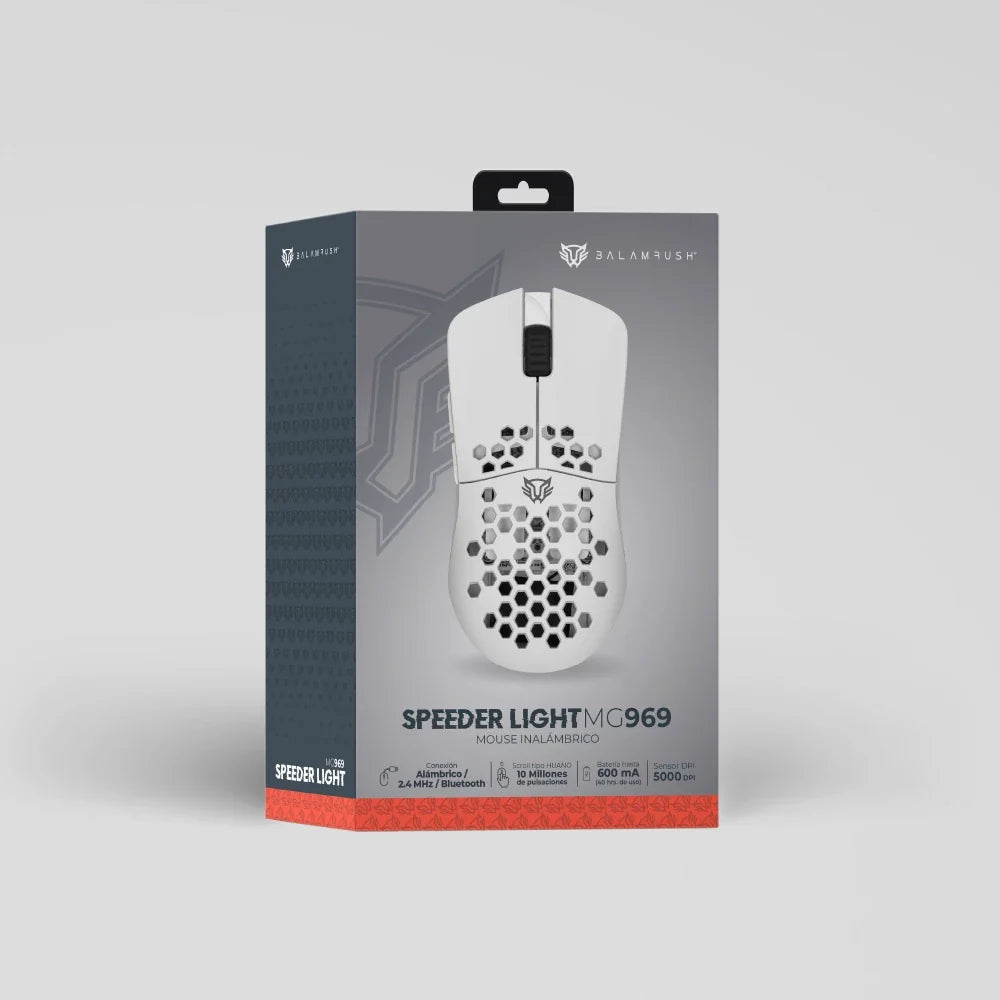 Mouse Balam Rush Speeder Light MG969 Blanco Inalámbrico/Bluetooth Caratula ultra ligera Recargable Tipo C 300mAh 5000DPI Iluminación Led 6 Botones