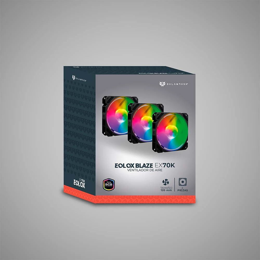 Kit 3 Ventiladores Balam Rush 120mm Negro Eolox Blaze EX70K ARGB Rainbown 120x120x25mm 1200RPM Hidráulico 12V Incluye Hub 4 Pin + 3 Pin