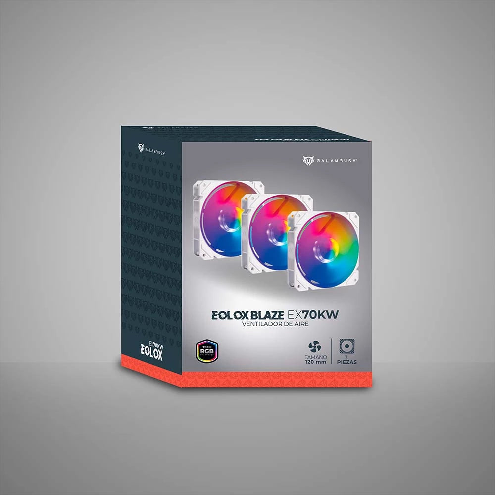 Kit 3 Ventiladores Balam Rush 120mm BlancoEolox Blaze EX70KW ARGB Rainbown 120x120x25mm 1200RPM Hidráulico 12V Incluye Hub 4 Pin + 3 Pin