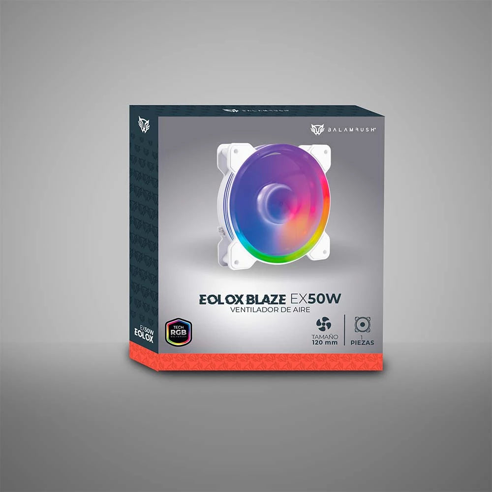 Ventilador Balam Rush 120mm Blanco Eolox Blaze EX50W ARGB borde led Rainbown 120x120x25mm 1200RPM Hidráulico 12V