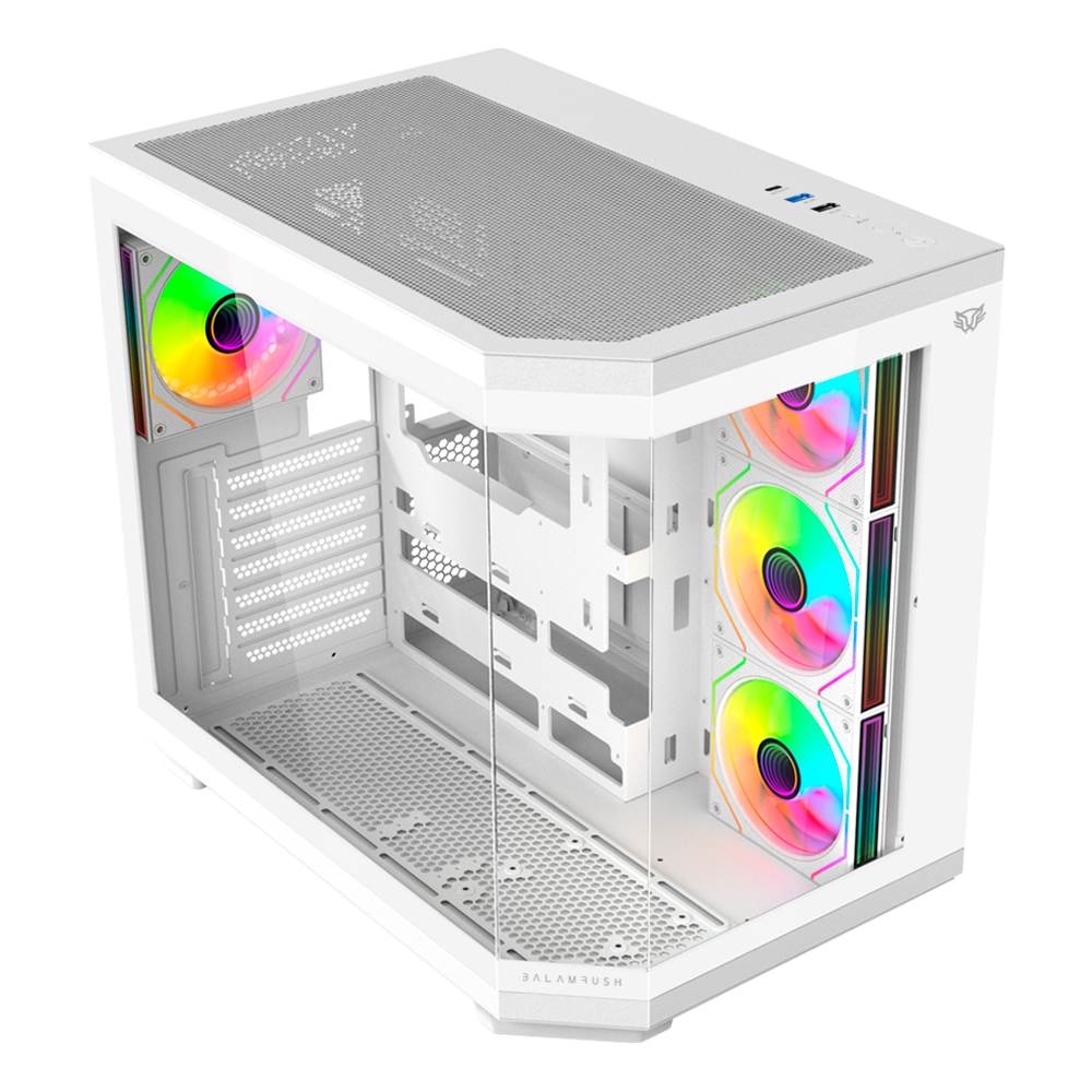 Gabinete Balam Rush Tank Master 9600 TB Media torre blanco cristal sin bordes 4xVentiladores ARGB ATX sin fuente