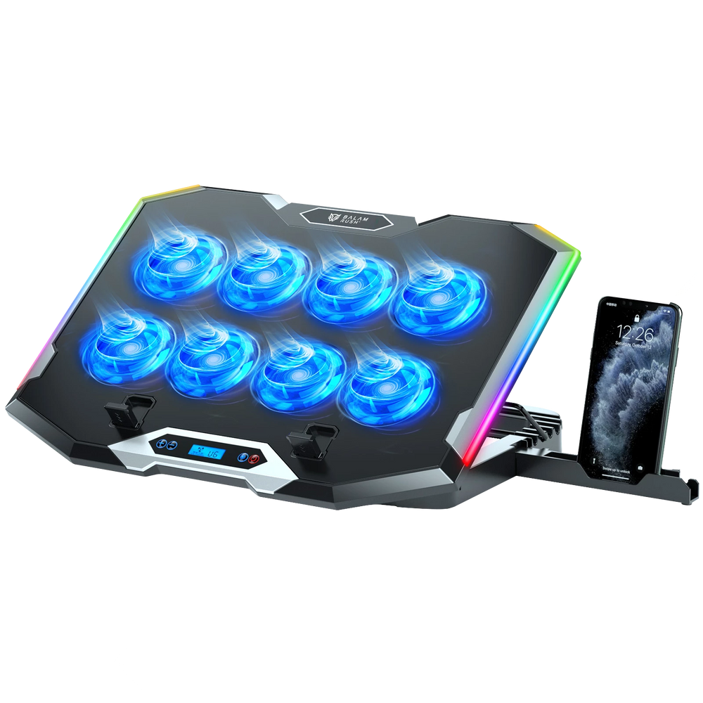 Base enfriadora Balam Rush para laptop 17 Eolox Frost Pro EF760 Legend Negro 15Vent 60mm 1xUSB A 1xUSB C Soporte para Celular 8Niveles de Ajuste RGB