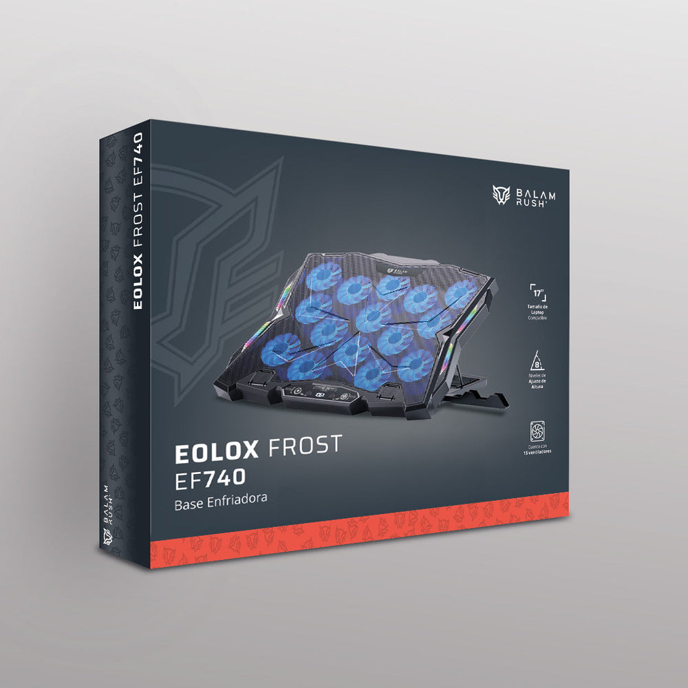 Base enfriadora Balam Rush para laptop 17 Eolox Frost EF740 Legend N 15 Vent 60mm 1xUSB C 1xUSB A Soporte para Celular 8 Niv Ajuste RGB