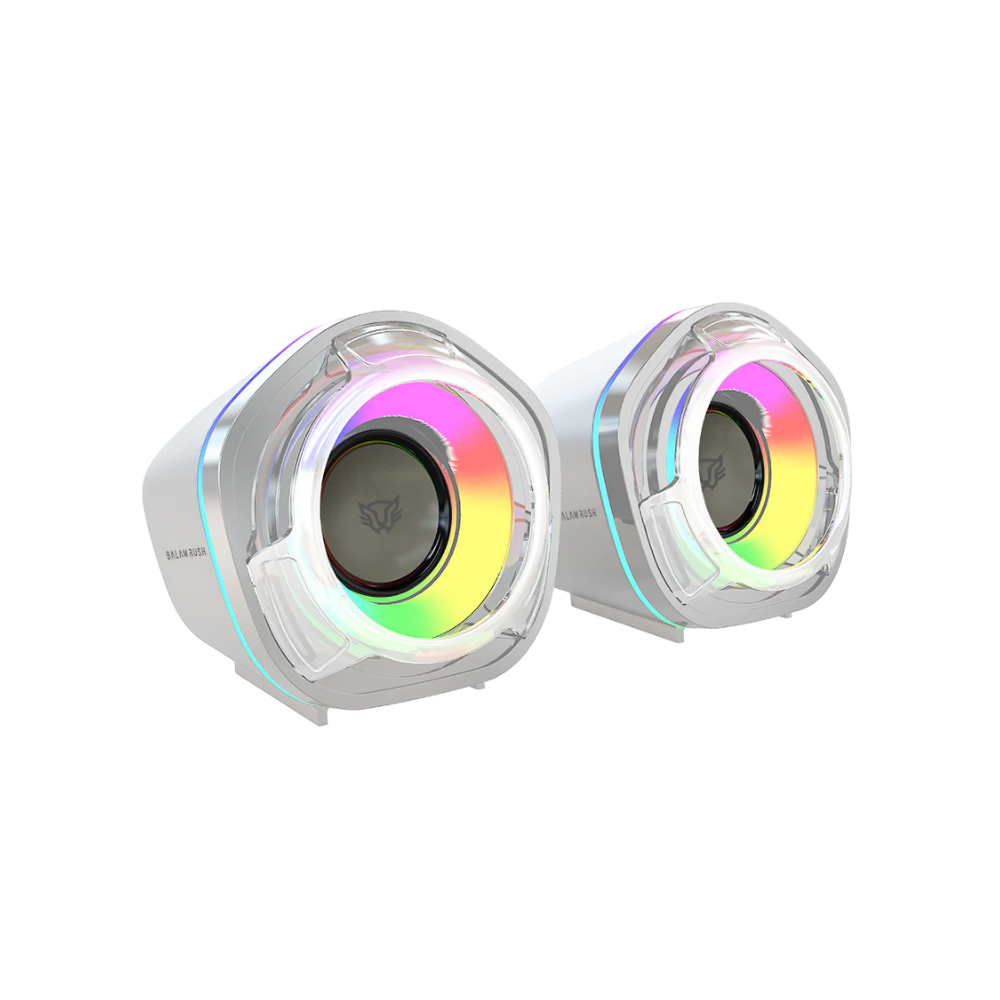 Bocinas Balam Rush Glimm Penta BG545 Blanco Bluetooth 5.0 USB A Sonido Estereo 2.0 Canales 6W RGB Azender