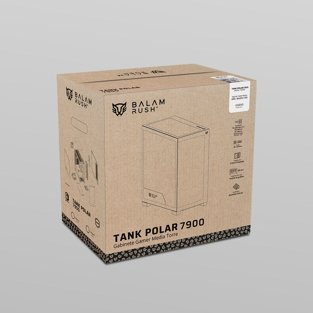 Gabinete Balam Rush Tank Polar 7900 Legend Blanco media torre 5xVentiladores ARGB Cristal templado ATX