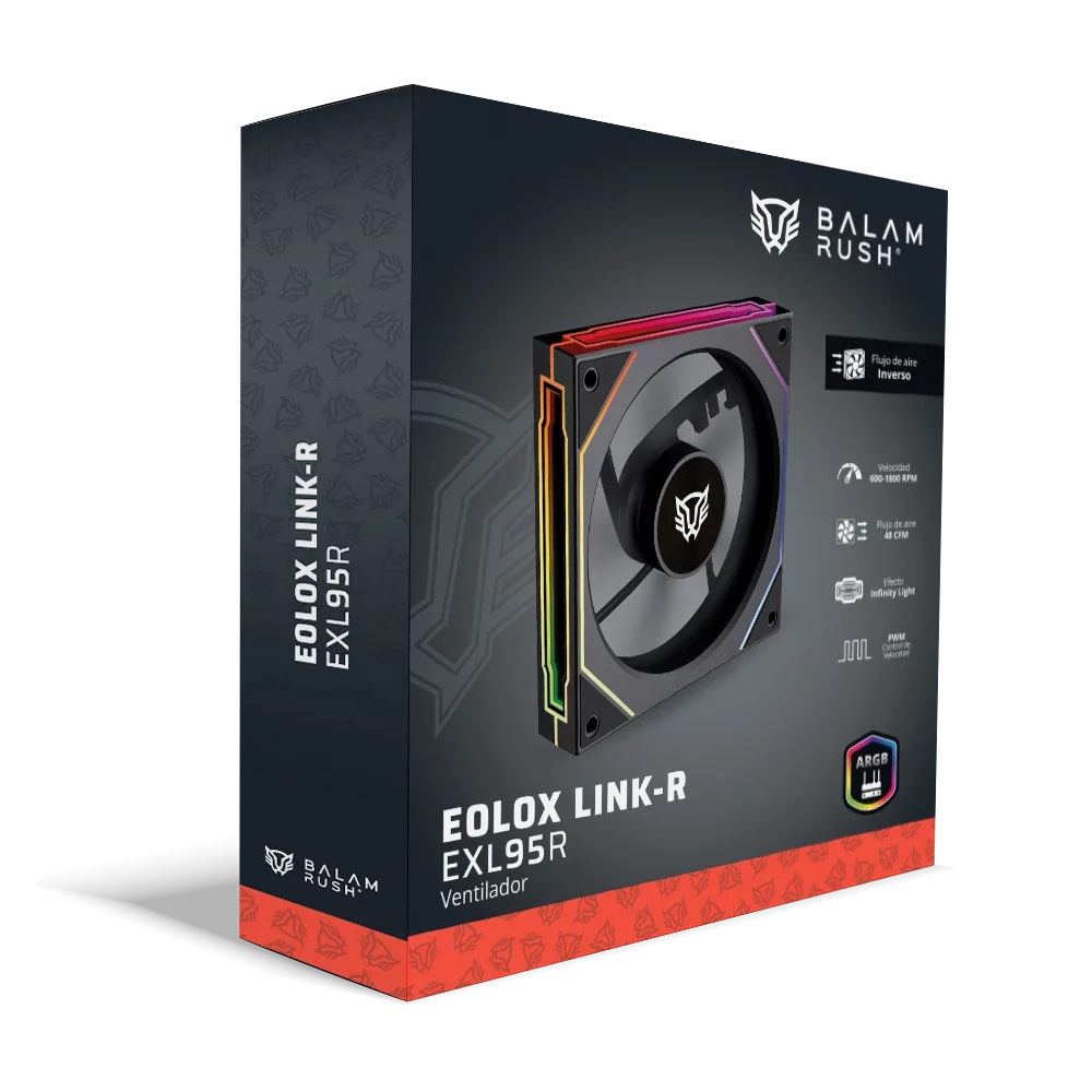 Ventilador Aspas Inversas Balam Rush Eolox Link EXL95R Negro ARGB 600-1800 Rpm 9 Aspas 120x120x25mm