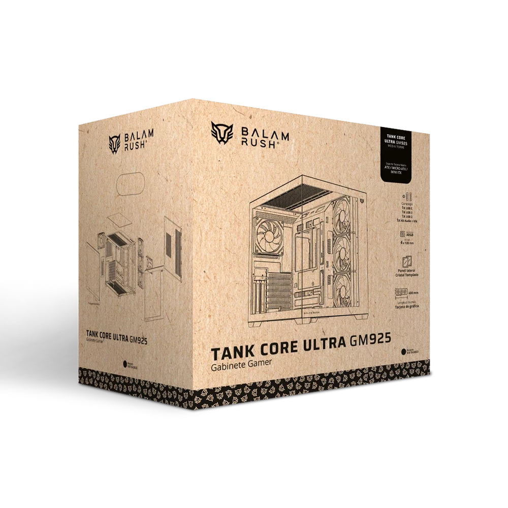 Gabinete Balam Rush Tank Core Ultra GM925 Media torre negro cristal 4xVentiladores ARGB ATX sin fuente