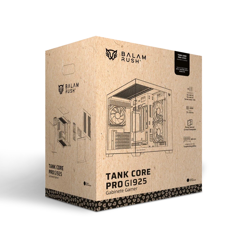 Gabinete Balam Rush Tank Core Pro GI925 Media torre negro cristal 3xVentiladores ARGB ATX sin fuente