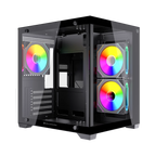 Gabinete Balam Rush Tank Glow Max 3900 Negro Gamer Compact Mini Torre M-ATX 3xVentiladores ARGB Cristal templado ATX