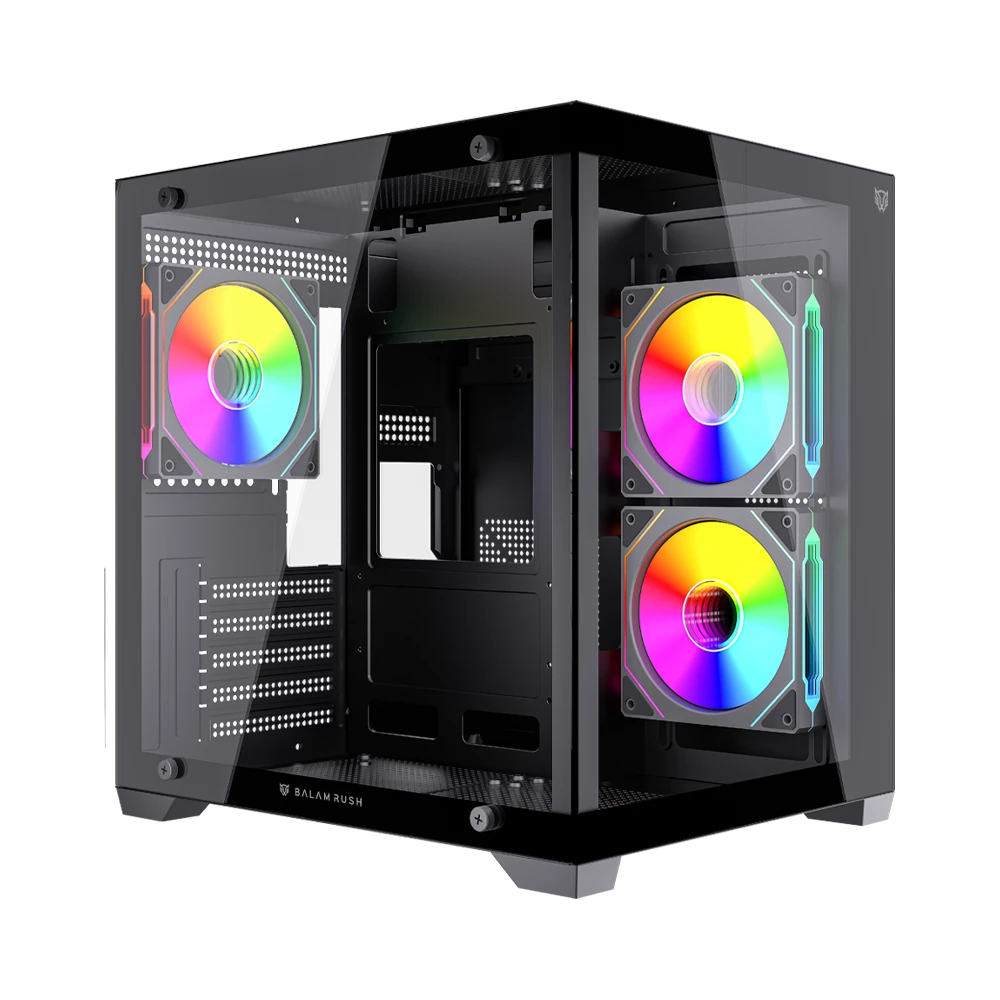 Gabinete Balam Rush Tank Glow Max 3900 Negro Gamer Compact Mini Torre M-ATX 3xVentiladores ARGB Cristal templado ATX