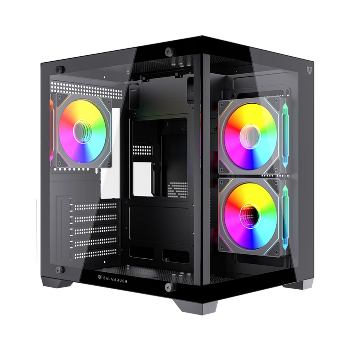 Gabinete Balam Rush Tank Glow Max 3900 Negro Gamer Compact Mini Torre M-ATX 3xVentiladores ARGB Cristal templado ATX