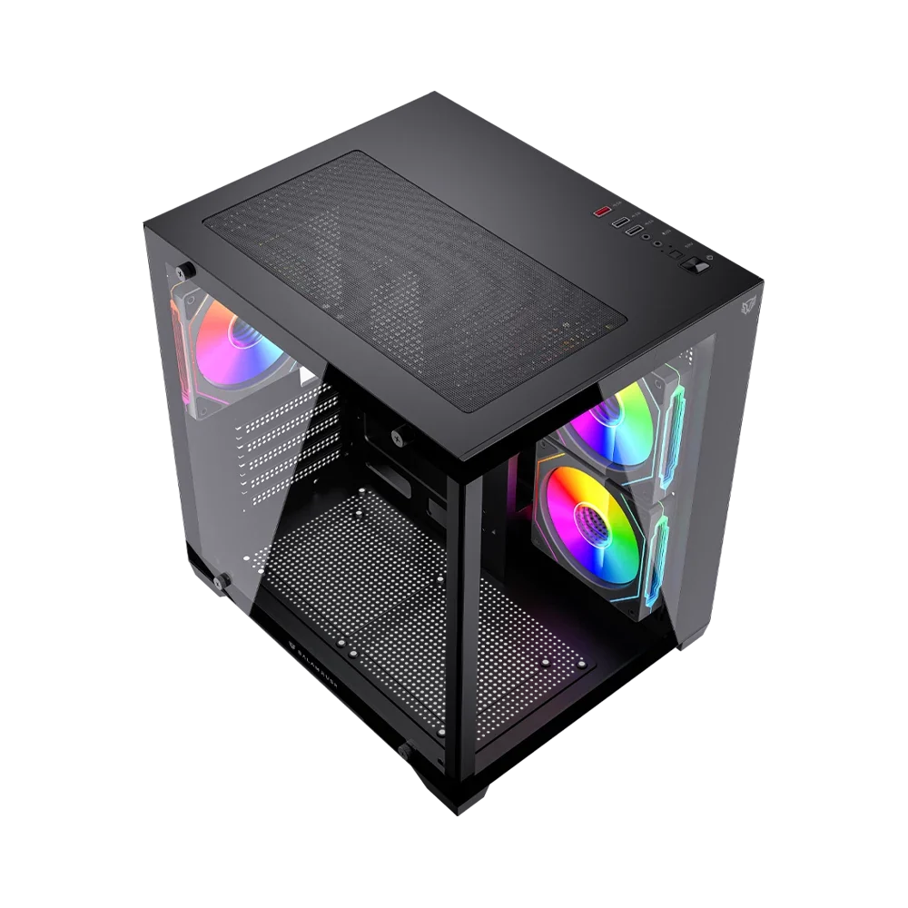 Gabinete Balam Rush Tank Glow Max 3900 Negro Gamer Compact Mini Torre M-ATX 3xVentiladores ARGB Cristal templado ATX
