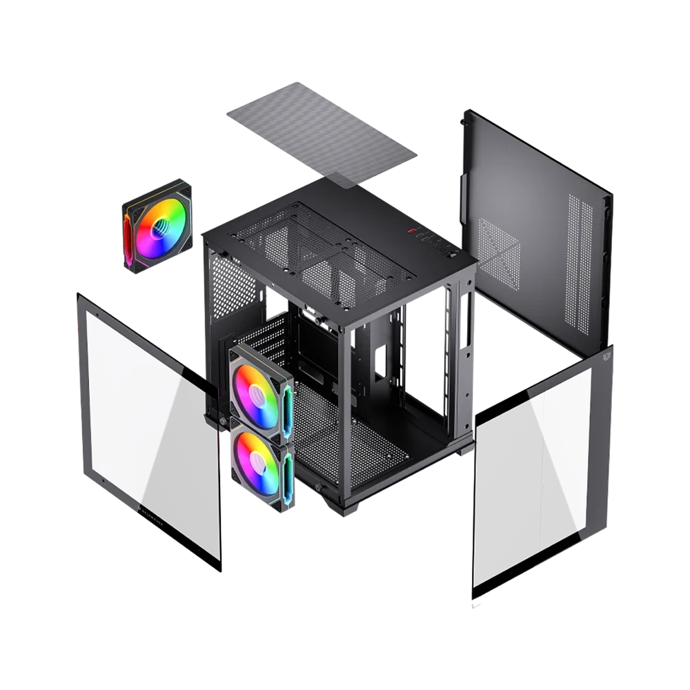 Gabinete Balam Rush Tank Glow Max 3900 Negro Gamer Compact Mini Torre M-ATX 3xVentiladores ARGB Cristal templado ATX
