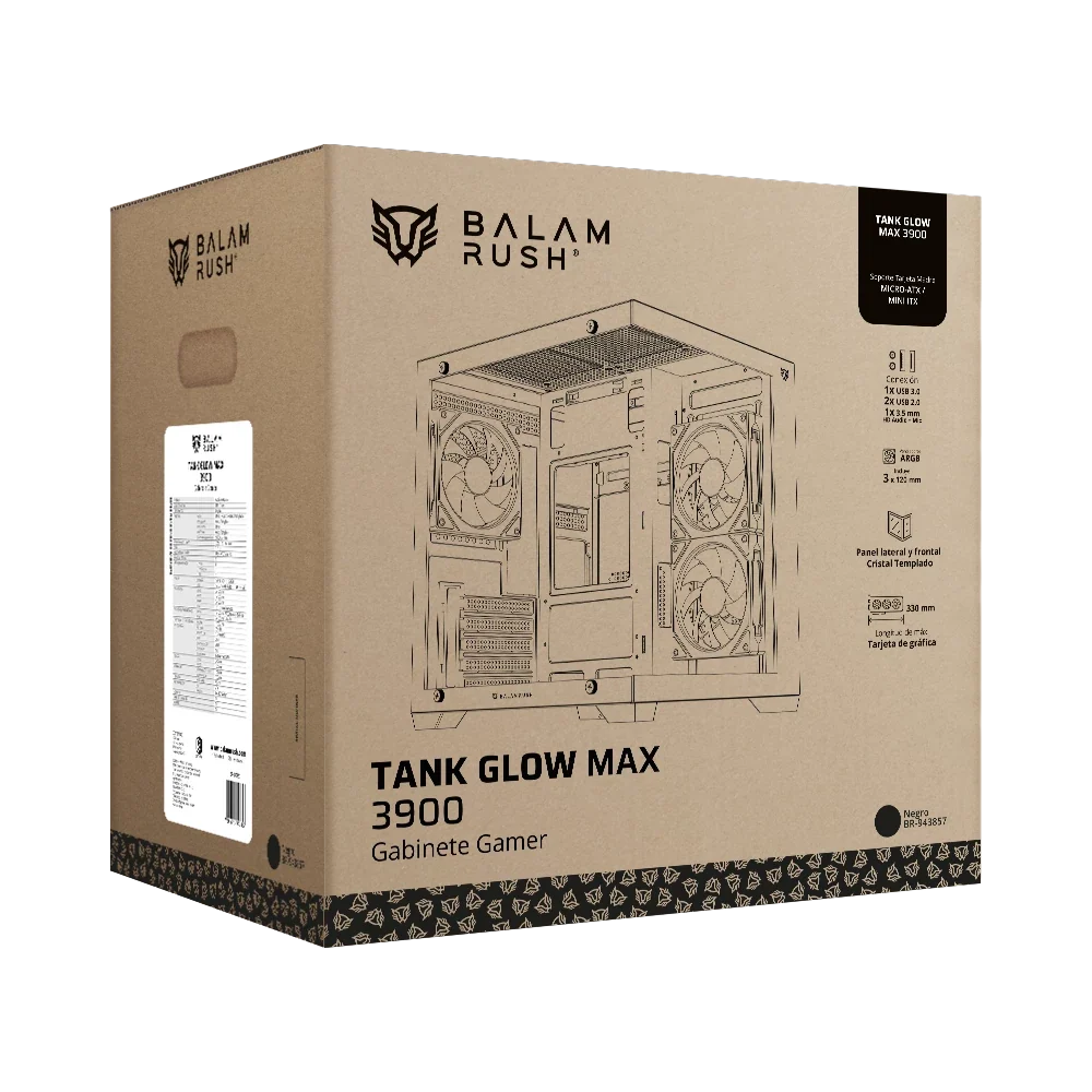 Gabinete Balam Rush Tank Glow Max 3900 Negro Gamer Compact Mini Torre M-ATX 3xVentiladores ARGB Cristal templado ATX