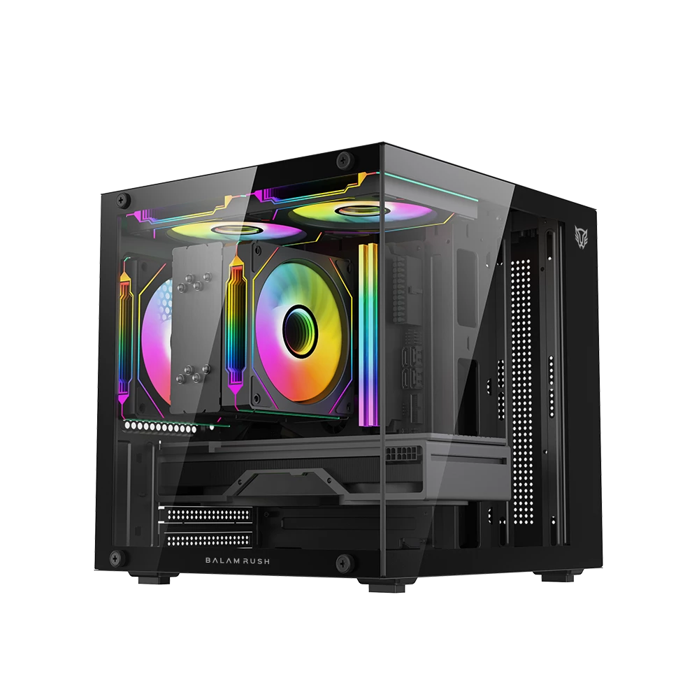 Gabinete Balam Tank Glow Mini 3500 Mini Torre negro cristal 3xVentiladores ARGB sin fuente