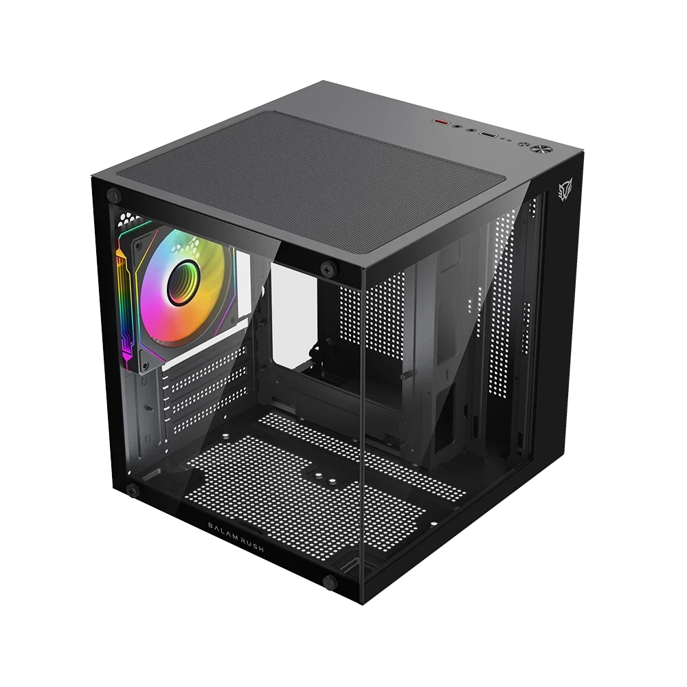Gabinete Balam Tank Glow Mini 3500 Mini Torre negro cristal 3xVentiladores ARGB sin fuente