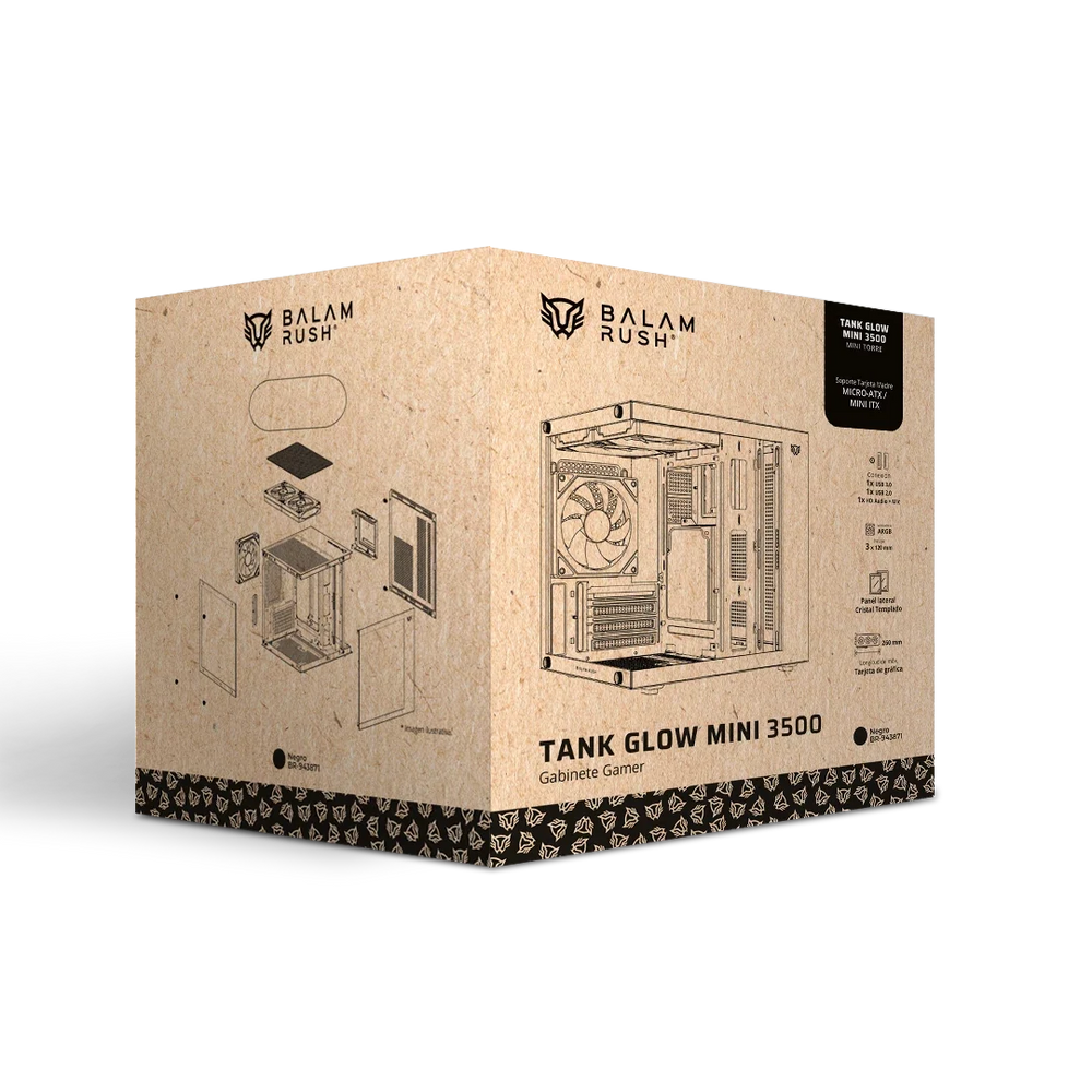 Gabinete Balam Tank Glow Mini 3500 Mini Torre negro cristal 3xVentiladores ARGB sin fuente