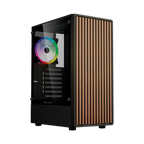 Gabinete Balam Rush Dragonfly Wood GM580 Negro Gamer Compact Media Torre ATX 4xVentiladores ARGB Cristal templado frente con acabado tipo madera