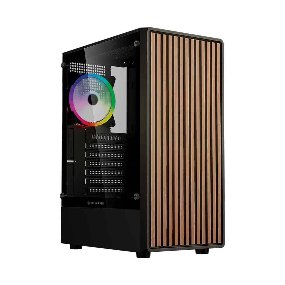 Gabinete Balam Rush Dragonfly Wood GM580 Negro Gamer Compact Media Torre ATX 4xVentiladores ARGB Cristal templado frente con acabado tipo madera