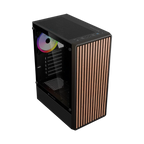 Gabinete Balam Rush Dragonfly Wood GM580 Negro Gamer Compact Media Torre ATX 4xVentiladores ARGB Cristal templado frente con acabado tipo madera