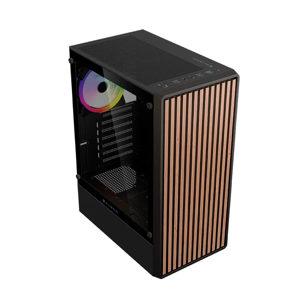 Gabinete Balam Rush Dragonfly Wood GM580 Negro Gamer Compact Media Torre ATX 4xVentiladores ARGB Cristal templado frente con acabado tipo madera