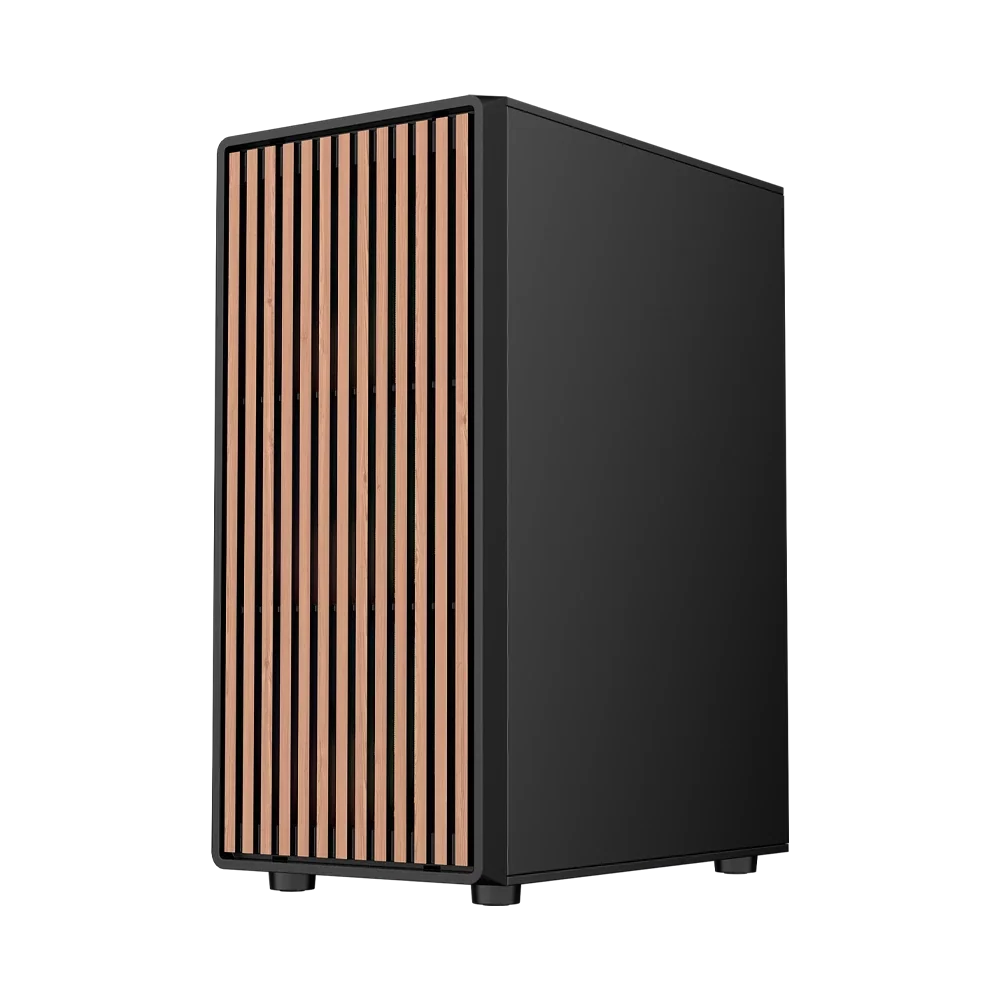 Gabinete Balam Rush Dragonfly Wood GM580 Negro Gamer Compact Media Torre ATX 4xVentiladores ARGB Cristal templado frente con acabado tipo madera