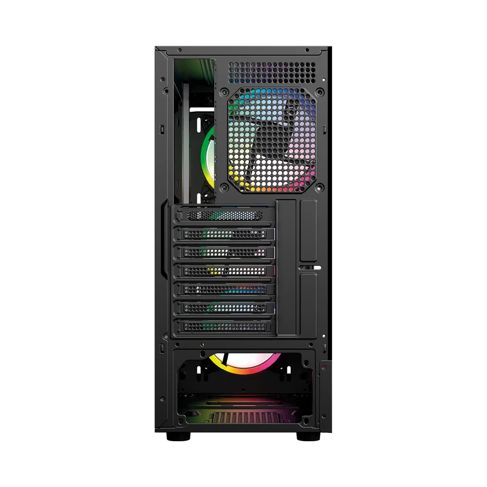 Gabinete Balam Rush Dragonfly Wood GM580 Negro Gamer Compact Media Torre ATX 4xVentiladores ARGB Cristal templado frente con acabado tipo madera