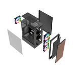 Gabinete Balam Rush Dragonfly Wood GM580 Negro Gamer Compact Media Torre ATX 4xVentiladores ARGB Cristal templado frente con acabado tipo madera