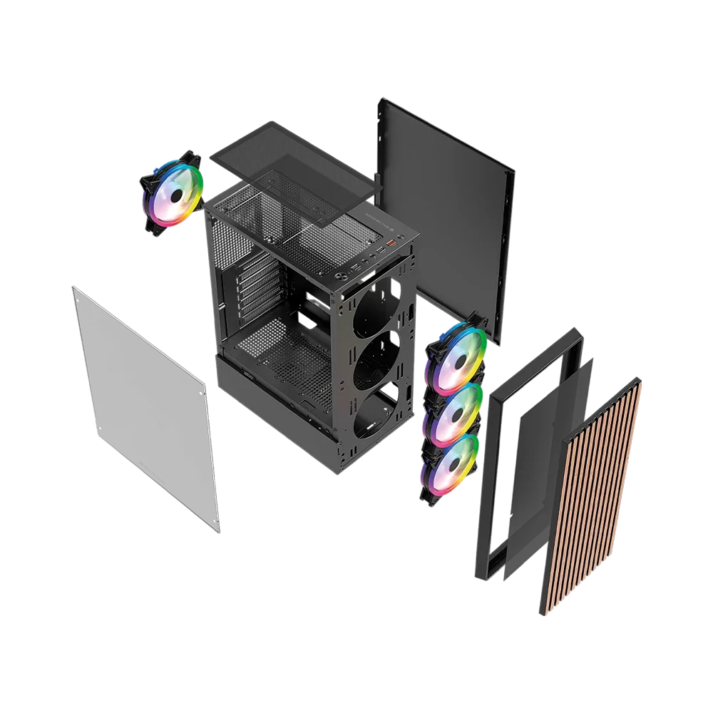 Gabinete Balam Rush Dragonfly Wood GM580 Negro Gamer Compact Media Torre ATX 4xVentiladores ARGB Cristal templado frente con acabado tipo madera