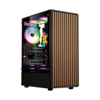 Gabinete Balam Rush Dragonfly Wood GM580 Negro Gamer Compact Media Torre ATX 4xVentiladores ARGB Cristal templado frente con acabado tipo madera