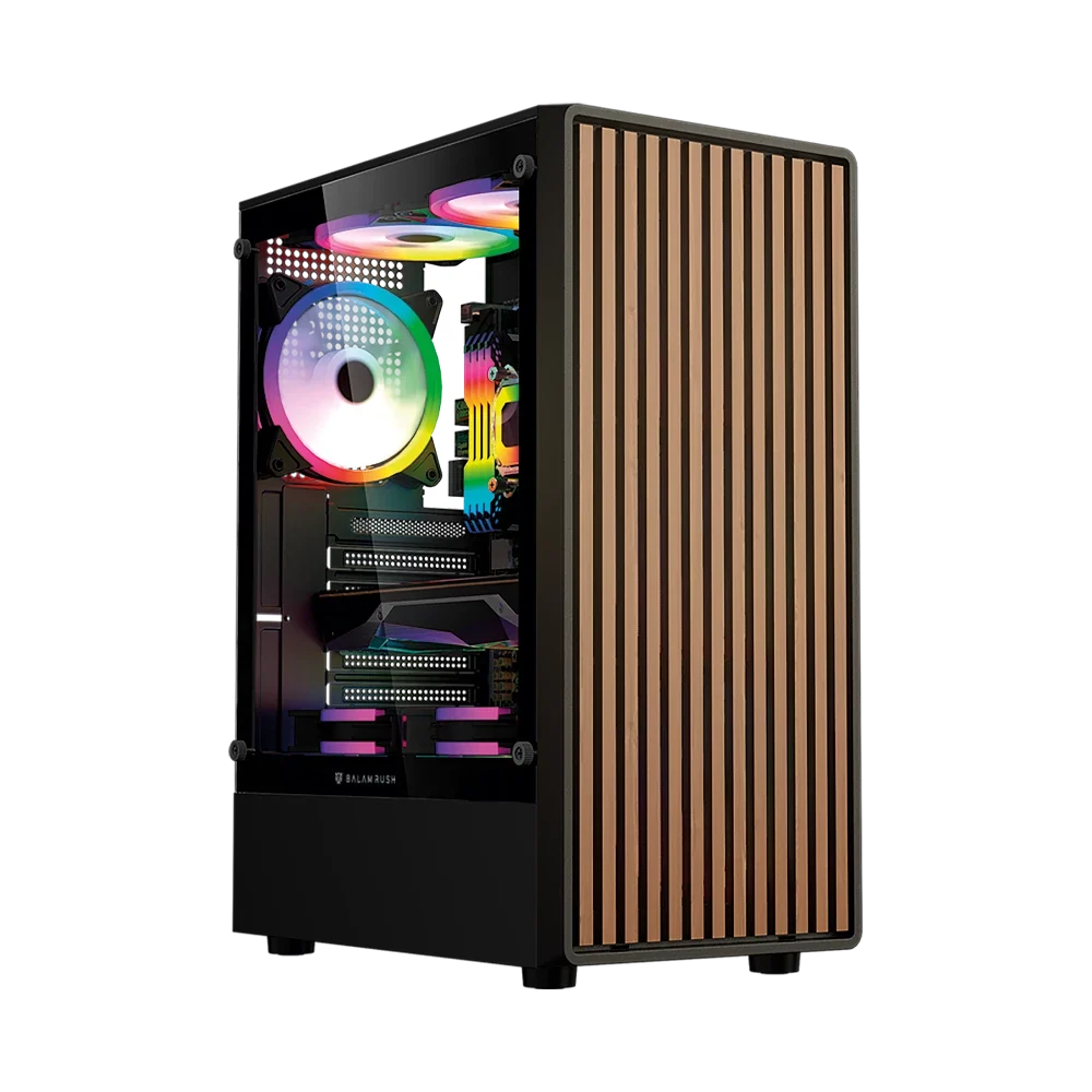 Gabinete Balam Rush Dragonfly Wood GM580 Negro Gamer Compact Media Torre ATX 4xVentiladores ARGB Cristal templado frente con acabado tipo madera