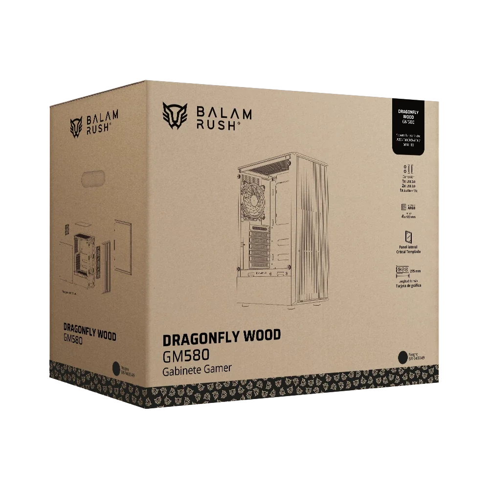 Gabinete Balam Rush Dragonfly Wood GM580 Negro Gamer Compact Media Torre ATX 4xVentiladores ARGB Cristal templado frente con acabado tipo madera