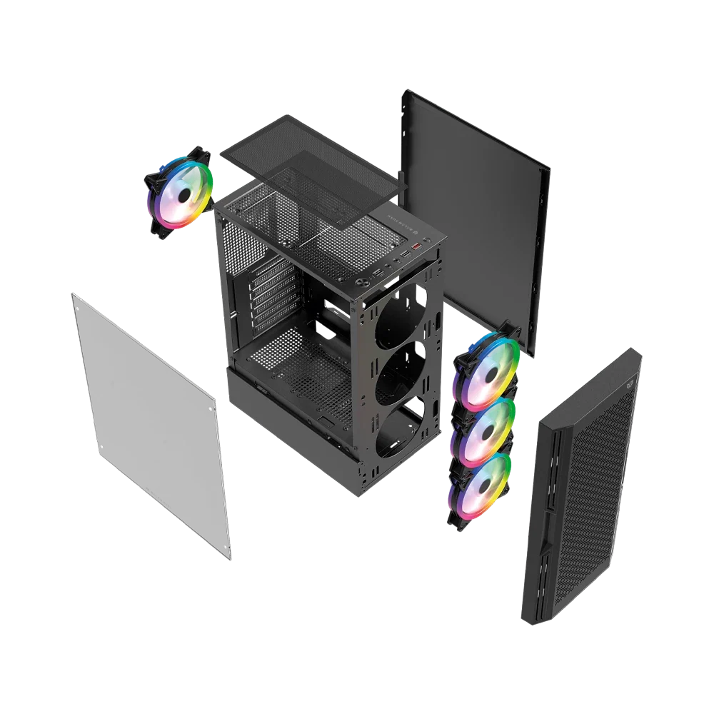 Gabinete Balam Rush Dragonfly Ventra GM570 Negro Gamer Compact Media Torre ATX 4xVentiladores ARGB Cristal templado frente tipo malla